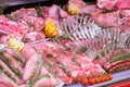 Meat department, showcase with variety of meat in different cuts Royalty Free Stock Photo