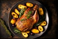 meat dish fried duck baked with potatoes and rosemary