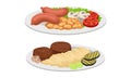 Meat Dish with Patty Cakes and Sausages Served on Plate Vector Set