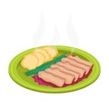 Meat dish with potatoes, berry sauce and onions. Grilled, sliced ??meat on the grill.