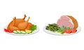 Meat Dish with Whole Roasted Chicken and Smoked Beef Slab Served on Plate Vector Set