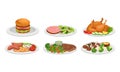 Meat Dishes and Courses Served on Plates with Shashlik and Hamburger Vector Set