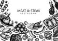 Meat dishes top view design. Hand drawn food illustration. Meat restaurant menu template. Vintage engraved background for beer