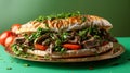 meat and doner on gold plate. green background