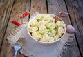 Meat Dumplings - russian boiled pelmeni in plate Fried salmon on a plate with lemon and dill on a blue checkered table cloth Royalty Free Stock Photo