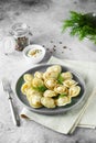 Meat dumplings - russian pelmeni, ravioli with meat on a grey plate. Flat lay composition Royalty Free Stock Photo