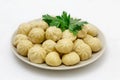 Meat dumplings - russian pelmeni, ravioli with meat on a plate, isolated Royalty Free Stock Photo