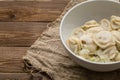 Meat dumplings - russian pelmeni, ravioli with meat on a white plate Royalty Free Stock Photo