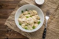Meat dumplings - russian pelmeni, ravioli with meat on a white plate Royalty Free Stock Photo