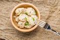 Meat dumplings - russian pelmeni, ravioli with meat on a wooden plate Royalty Free Stock Photo