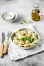 Meat dumplings - russian pelmeni, ravioli with meat on a white plate Royalty Free Stock Photo