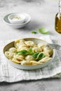 Meat dumplings - russian pelmeni, ravioli with meat on a white plate Royalty Free Stock Photo