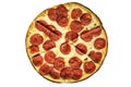 Meat feast pizza with pepperoni and spicy sausage topping isolated on white. Top View