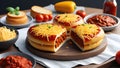Meat filled dough with tomato sauce and shredded cheese on rustic board cookware.