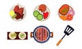 Meat and fish dishes cooked on the grill, tasty healthy food, top view vector Illustration on a white background