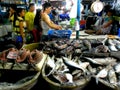 Meat and fish vendor in a wet market in cubao , quezon city, philippines Royalty Free Stock Photo
