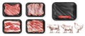 Meat food. Beef, pork, chicken legs. Black polystyrene packaging. 3d vector realistic set