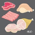 Meat food eat beef pork bacon chicken fresh raw piece slice cartoon vector Royalty Free Stock Photo