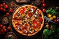 meat food food black italian copy pizza meal background space fast cheese tomato. Generative AI.