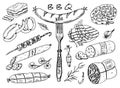 Meat food, sausage and steak for bbq and picnic. Doodle Signs for menu. Vintage engraved illustration. monochrome style.
