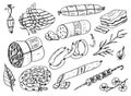 Meat food, sausage and steak for bbq and picnic. Doodle Signs for menu. Vintage engraved illustration. monochrome style.