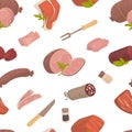 Meat food, steak and sausages with spice in glass bottles vector.