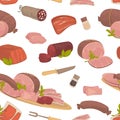 Meat food, steak and sausages with spice in glass bottles vector.