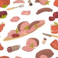 Meat food, steak and sausages with spice in glass bottles vector.