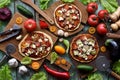 Meat free pizza party flat lay. Vegetarian pizzas on cauliflower crust and dough with eggplants, tomatoes, mushrooms and cheese Royalty Free Stock Photo