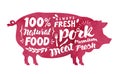 Meat, fresh pork, vector label. Silhouette pig with lettering to menu restaurant