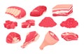 Set fragments of pork, beef meat. Assortment of meat slices. Royalty Free Stock Photo