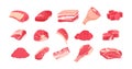 Meat fresh steaks meat delicatessen set. Sausages, cervelat, meat steak for barbeque, salami, bacon, meatloaf, bacon fillet, fried