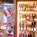 Meat fridge and wine cooler in a fancy steak house