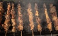 Meat is fried on coals in a brazier. Royalty Free Stock Photo