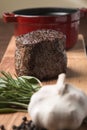 meat with garlic and rosemary, healthy food, natural products,