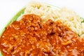 Meat goulash with macaroni pasta served on the plate Royalty Free Stock Photo