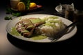 meat with gravy and rice on white plate Royalty Free Stock Photo