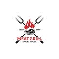 Meat Grill smoke house logo design, Grill and Bar with fire, meat, grill fork Royalty Free Stock Photo