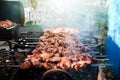 The meat is grilled on charcoal, top view. Barbecue cooking. Smoke rises up from grilled meat