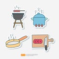 Meat Griller, Steamer, Cooking Pan, Knife and Cutting Board. Cooking Doodle Sticker Icon Set Vector Illustration