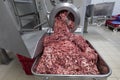 The meat in the Grinder. the meat industry. Minced meat being extruded from an industrial mincing machine Royalty Free Stock Photo