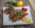 Meat Halabi Kebab served in a dish side view on wooden table background Royalty Free Stock Photo
