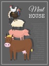 Meat house poster vector illustration. Different types of meat such as beef, chicken, lamb, mutton, pork, poultry