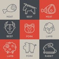 Meat icons in linear ethnic style