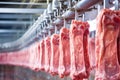 Meat on industrial hooks close up Royalty Free Stock Photo