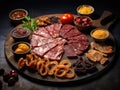 Meat Jerky, Dry Salted Chicken Slices on Black Plate, Small Pieces of Dehydrated Beef, Beer Snacks