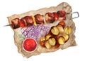 Meat kebab with potatoes on parchment. Illustration watercolor