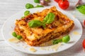 Meat lasagna with fresh basil and parmesan cheese in a plate on white wooden table. close up Royalty Free Stock Photo