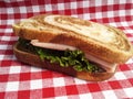 Meat and lettuce sandwich on rye bread on a red and white checkered background Royalty Free Stock Photo