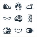 meat line icons. linear set. quality vector line set such as salami, sausage, tuna, bacon, meat, sausage, roast chicken, fish